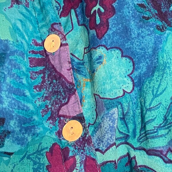 La Cera Cotton Dress, Blue Purple Floral Button-Front, Short Sleeve, size XL - Picture 7 of 7